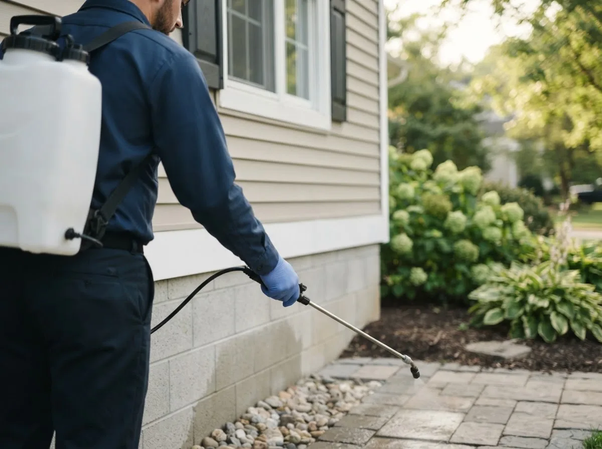 Pest control technician inspecting a home in Woodville, TX